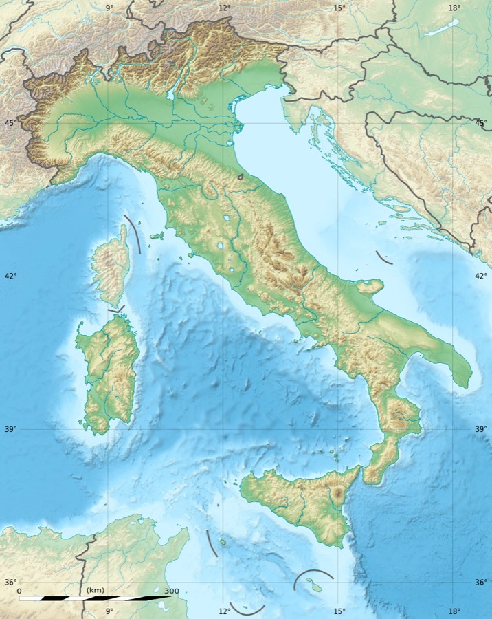 Mapa em relevo da Itália com o trajeto da viagem